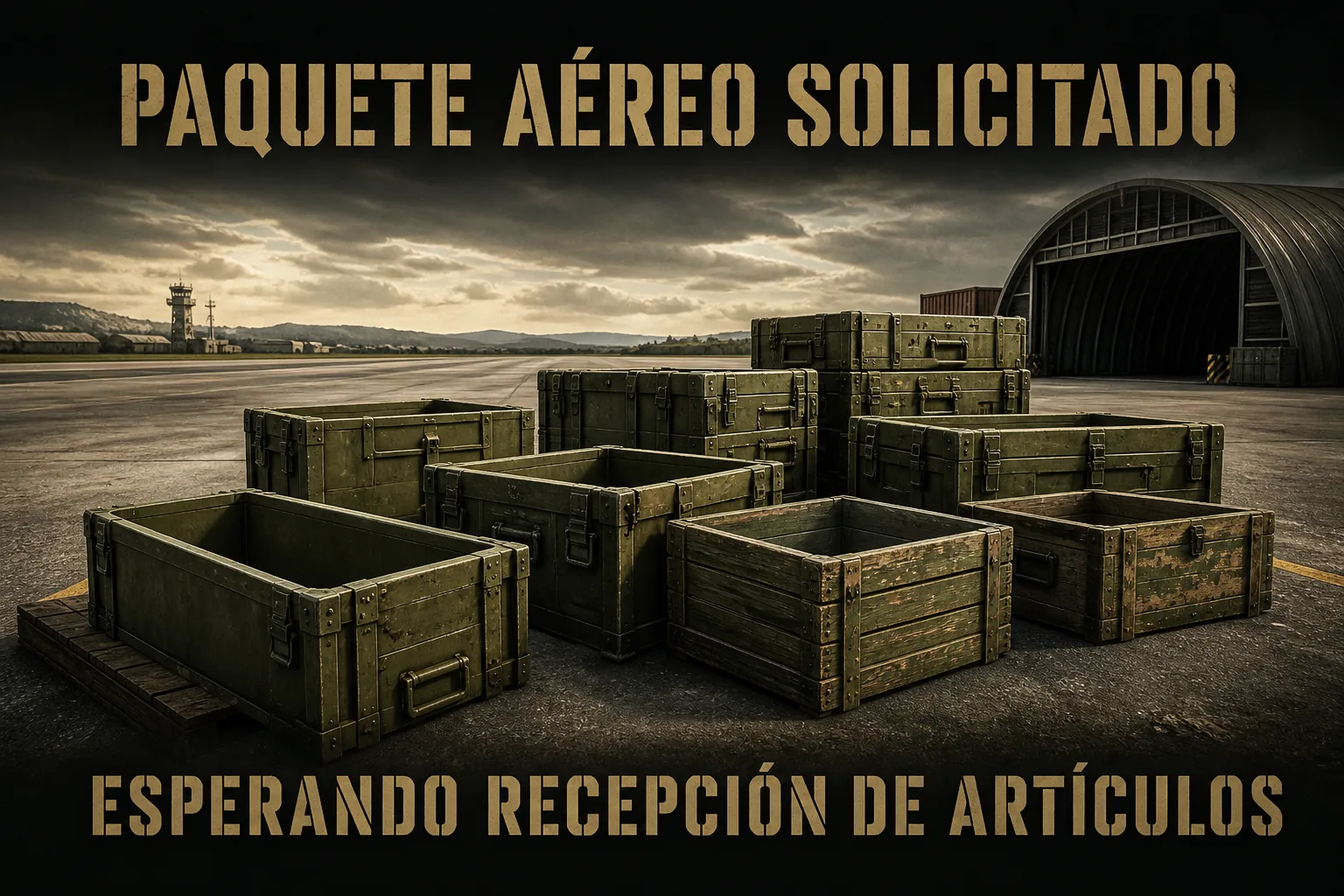 Cajas militares vacías esperando la recepción de artículos